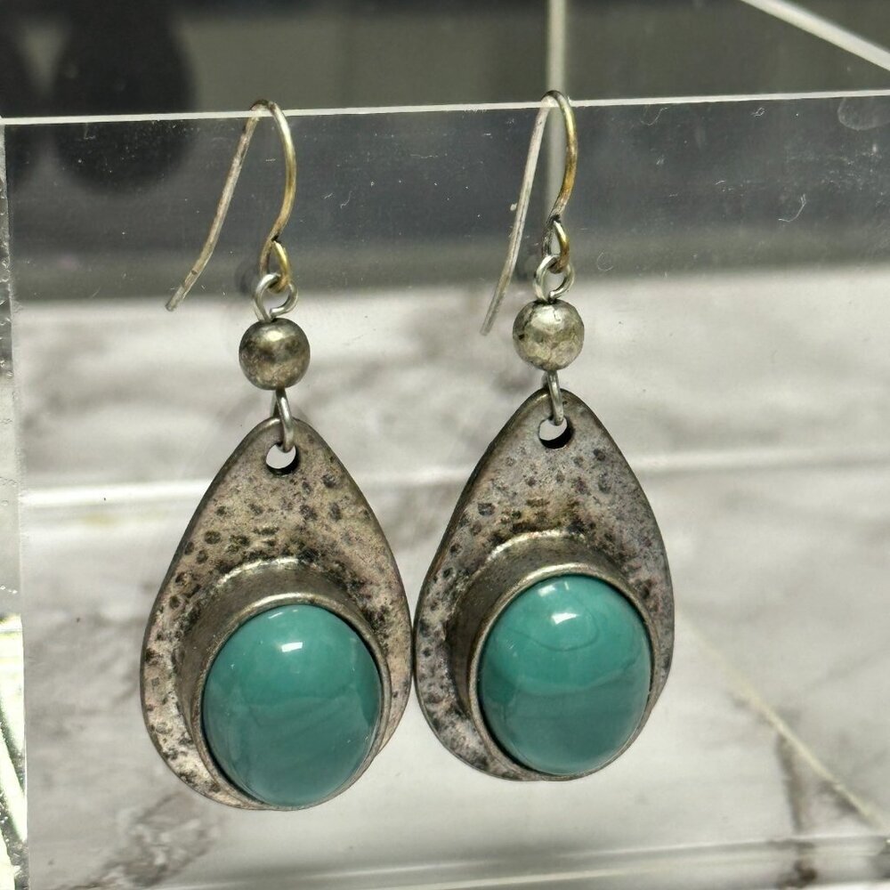3/$30 Teardrop Earrings Silver Tone Turquoise Blue Cabochon Dangle Boho 1.75"